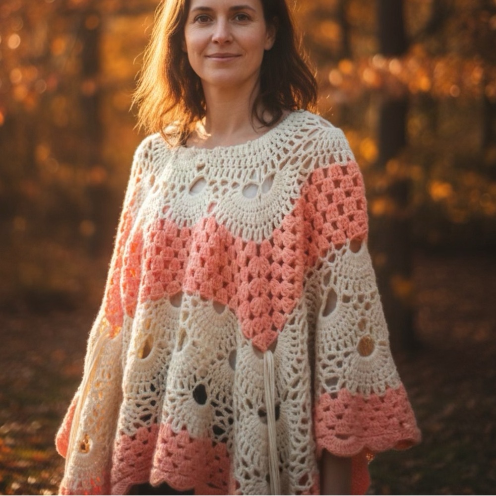 Crochet Cream and Orange Women's Sweater